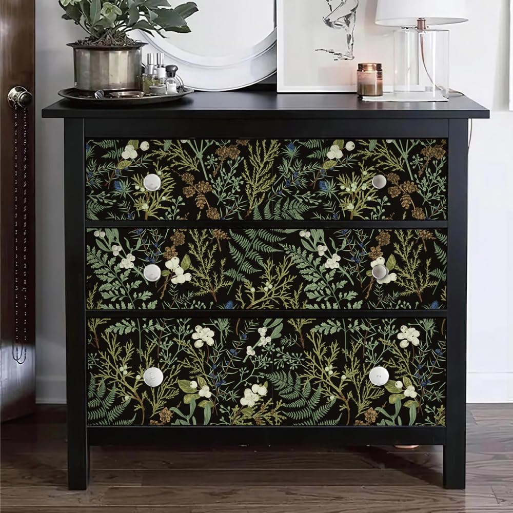 17.5'' x 472'' Boho Floral Wallpaper Peel and Stick Dark Green Leaf Wall Paper Self Adhesive Contact Paper for Home Countertop Cabinet Décor