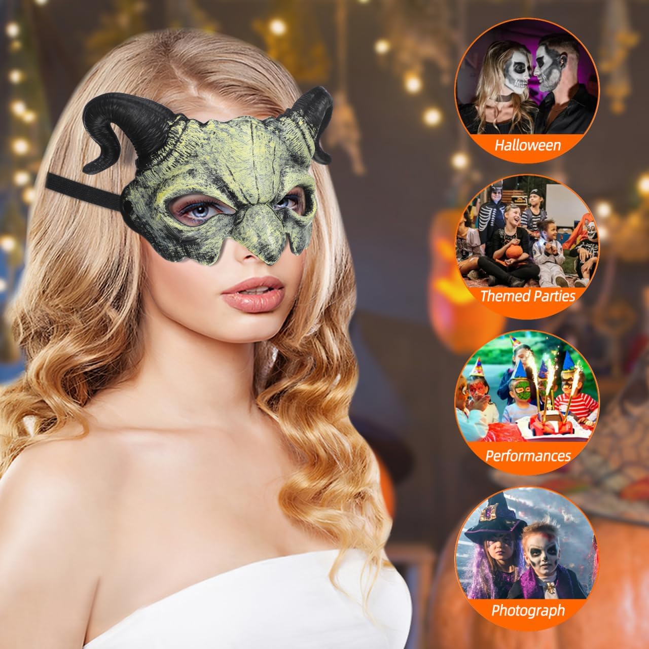 STOBOK Halloween Devil Mask Horror Half Face Mask Scary Horn Ghost Monster Cosplay for Halloween Cosplay Costume Beige - Image 5