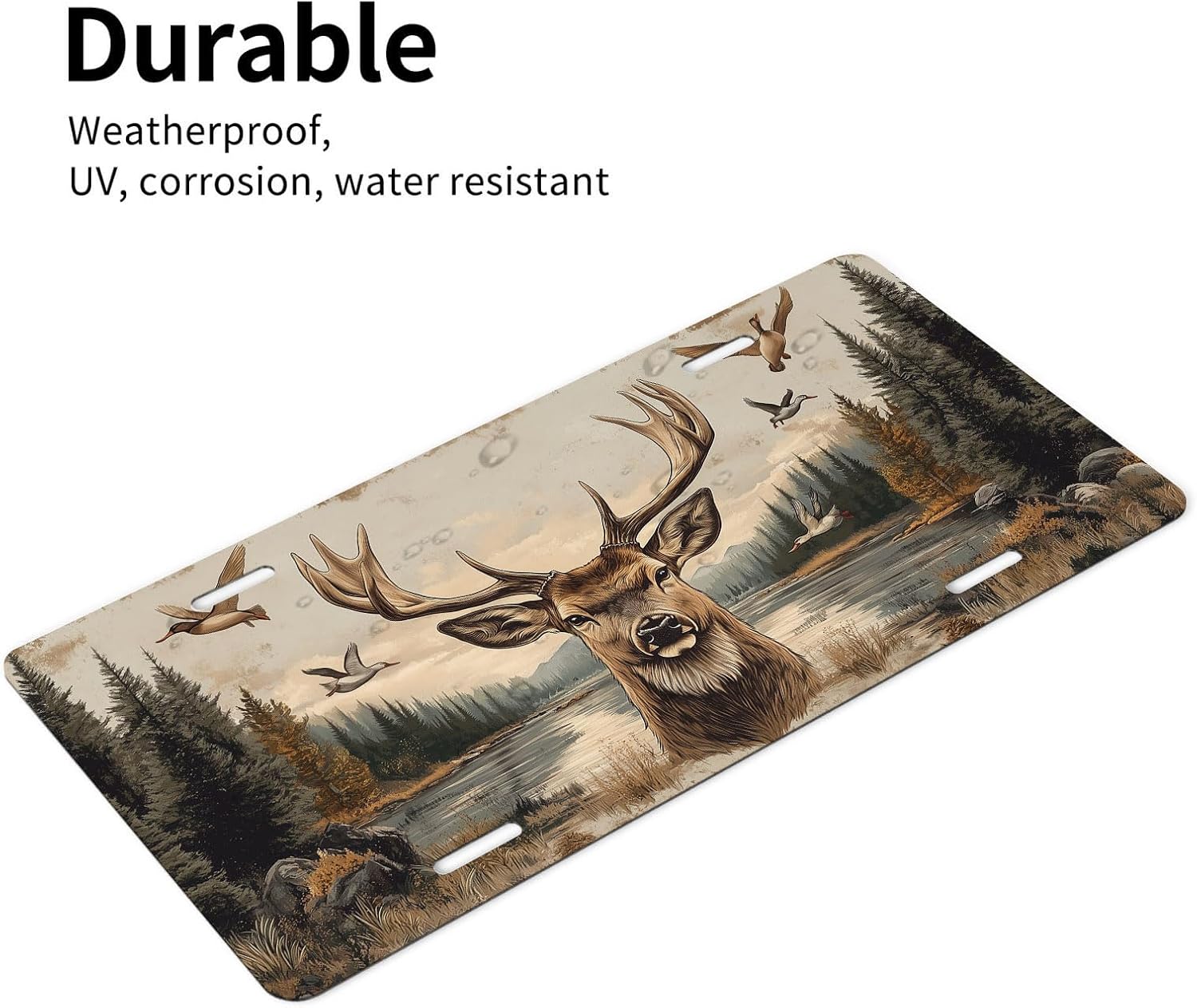 Deer Front License Plate for Women Buck Antlers Wilderness Lake Hunting Car Vanity Plates Decorative Aluminum Metal Cute Novelty License Plate 6x12 Inch (4 Holes)