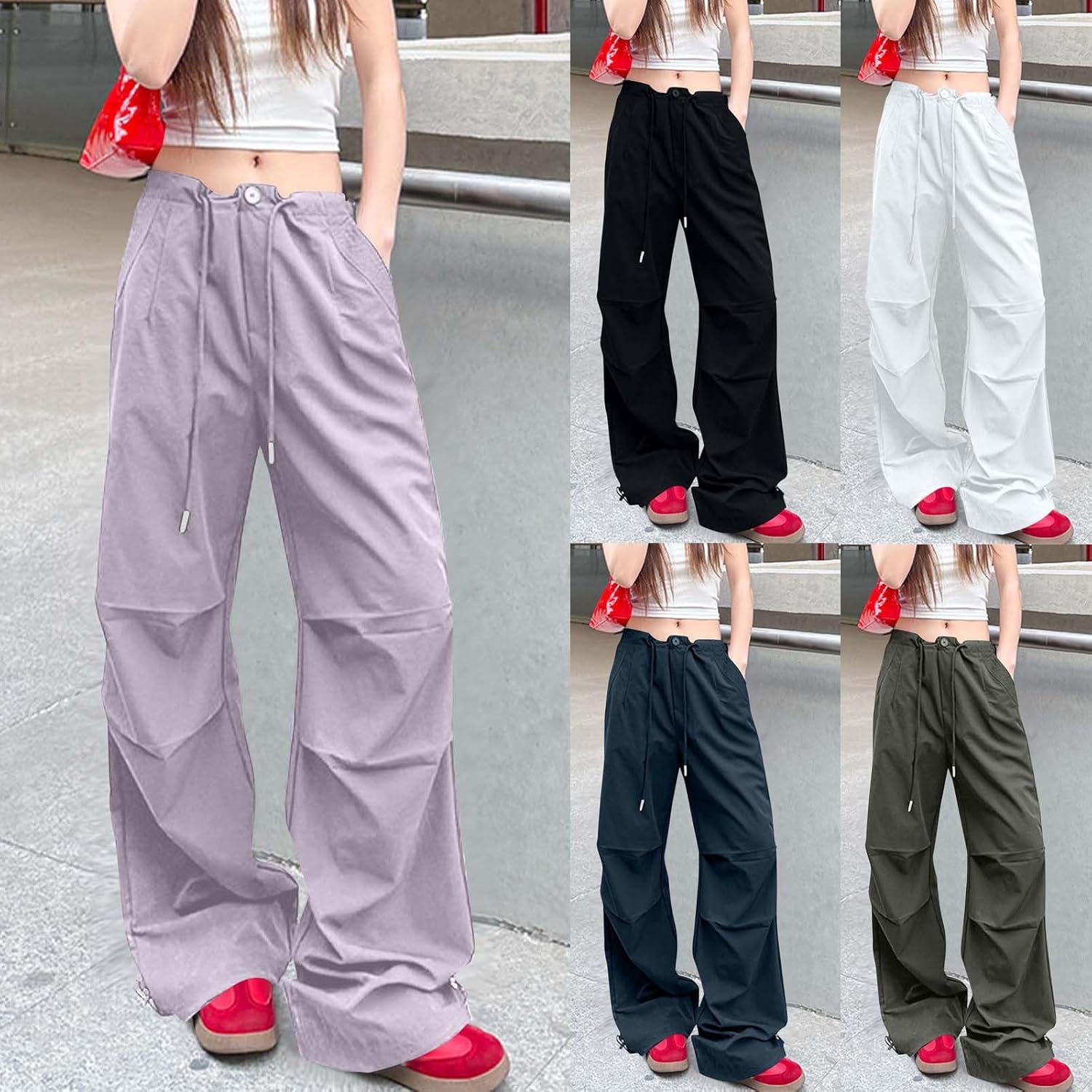 HGps8w Baggy Parachute Pants for Women Casual Elastic Waist Loose Fit Summer Drawstring Cargo Sweatpants with Pockets