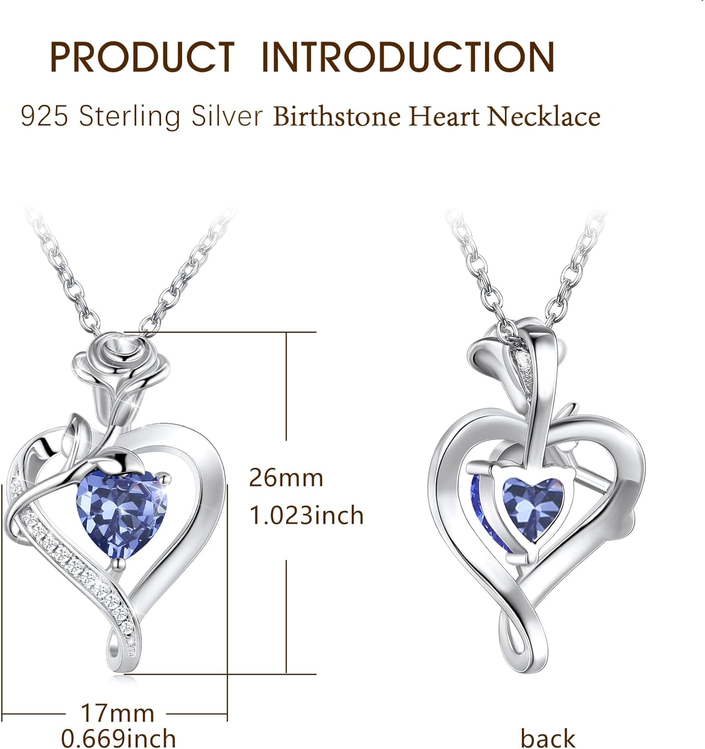 S925 Sterling Silver Rose Flower Dainty Birthstone Heart Necklaces Gifts for Women Jewelry Anniversary Valentines Day Birthday Gifts for Wife Girlfriend Mom