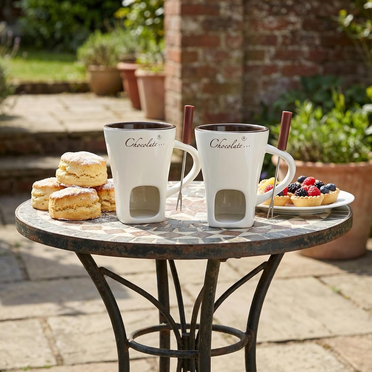 2 Pack Fondue Pot Ceramic Chocolate Fondue Mug Set with 2 Forks Personal Fondue Mugs Melting Pot for Chocolate, Cheese, Butter, Suitable for Home Party Wedding