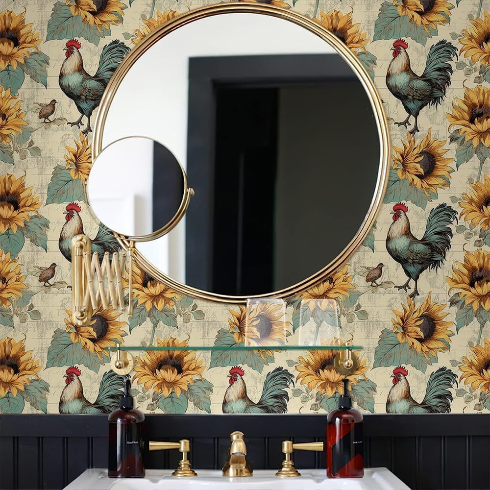 Vintage Sunflower Chicken Rooster Animal Rustic Farm Barn Bird Peel and Stick Wallpaper Easy Peel Off Stick on Adhesive Waterproof Wall Paper for Renter