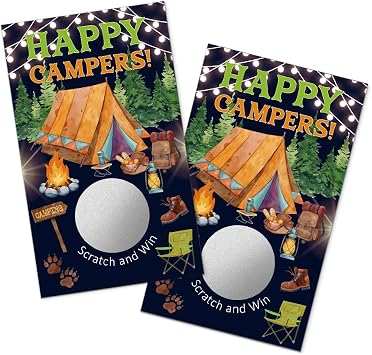 TOUNER 50Pcs Happy Campers Silver Scratch Off Game, Reveal Campfire & Fire Remain Design, Camping Adventure Themed Raffle Tickets, Camping Birthday Party Game Scratch Card for Men Women Outdoor Lover