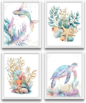 XUNLURY Watercolor Coastal Beach Wall Art Prints Unframed Set of 4, Pastel Coastal Ocean Mermaid Sea Turtle Seashell Seaweed Artwork Wall Pictures for Beach House Cabin Home Bedroom, 8x10