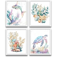 XUNLURY Watercolor Coastal Beach Wall Art Prints Unframed Set of 4, Pastel Coastal Ocean Mermaid Sea Turtle Seashell Seaweed Artwork Wall Pictures for Beach House Cabin Home Bedroom, 8x10