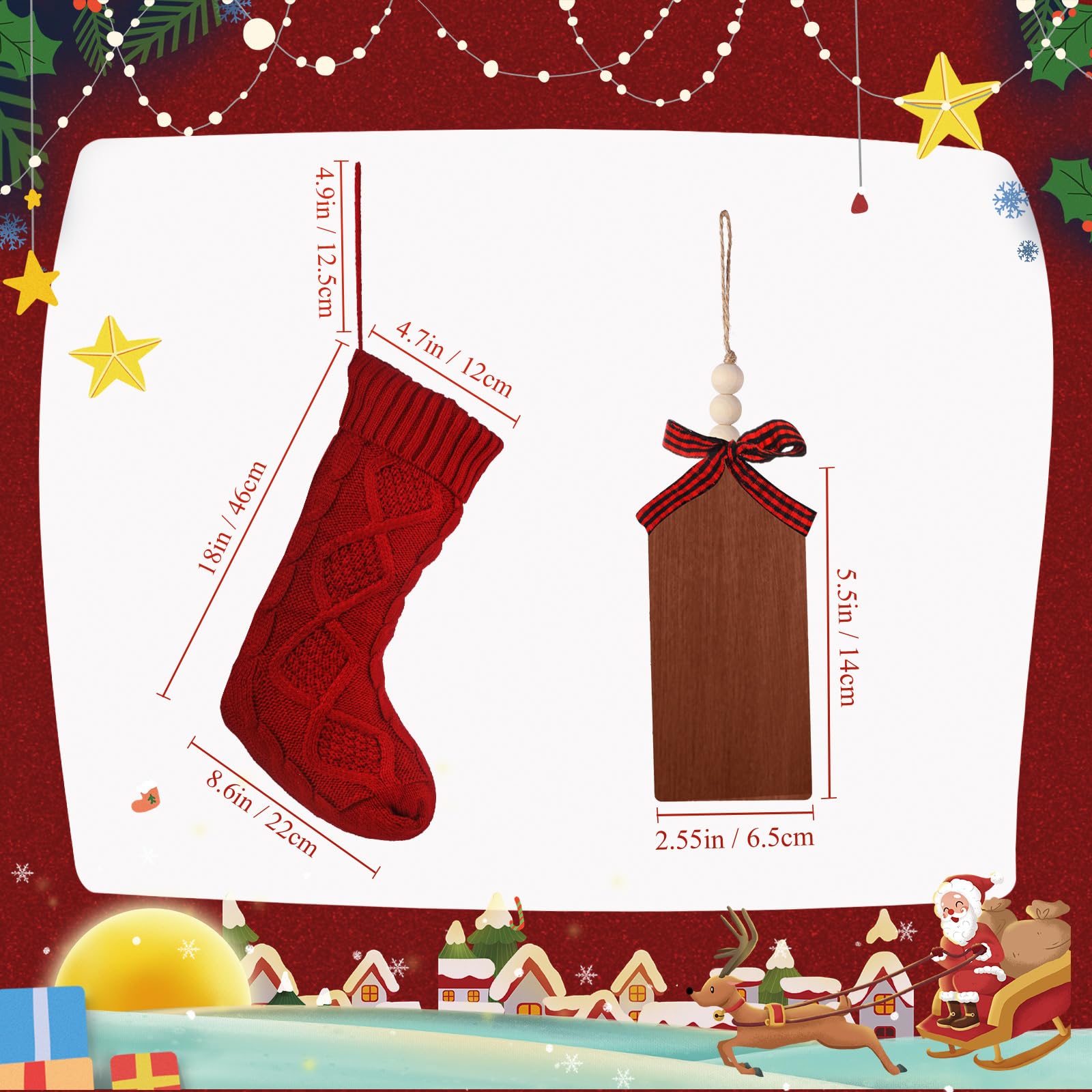 Aoriher Lot de 4 grandes chaussettes de Noël avec étiquettes nominatives en bois à faire soi-même, 45,7 cm, décorations de Noël à suspendre avec étiquettes de Noël pour fête de Noël (lin, rouge