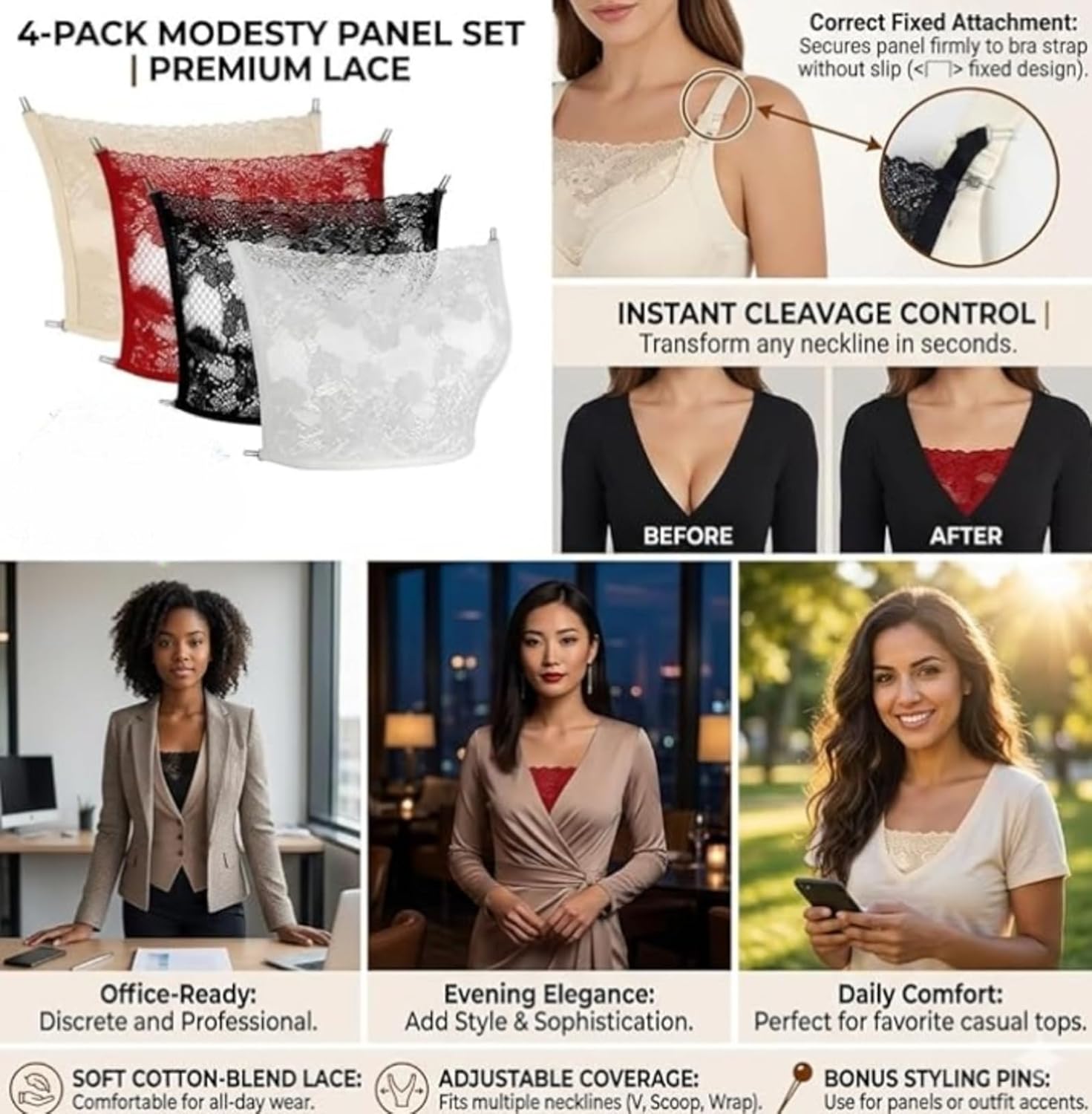 3Pcs Lace Cleavage Cover Modesty Panel Wearable Mock Camisole Bra Insert Overlay Modesty Panel Vest