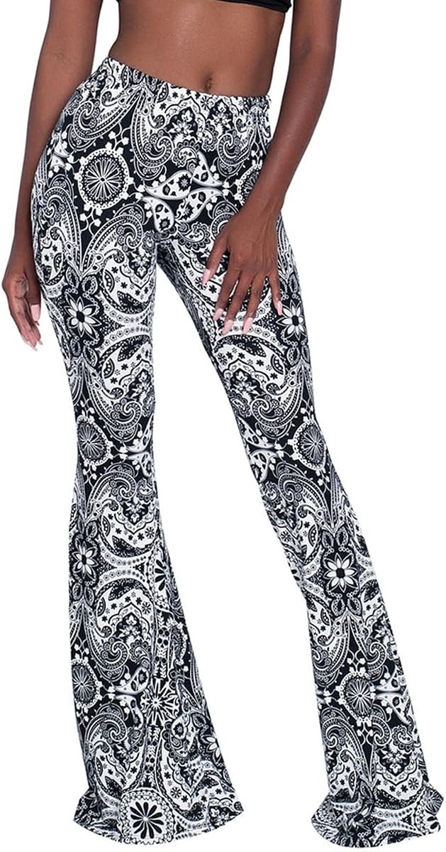 Women High Waisted Bell Bottom Yoga Pants Paisley Floral Flared Leggings | Tribal Pants for Women, Boho Printed Flare Leggings, Retro 70s Bell Bottoms, Stretch Pull On Pants for Yoga, Dance, Party