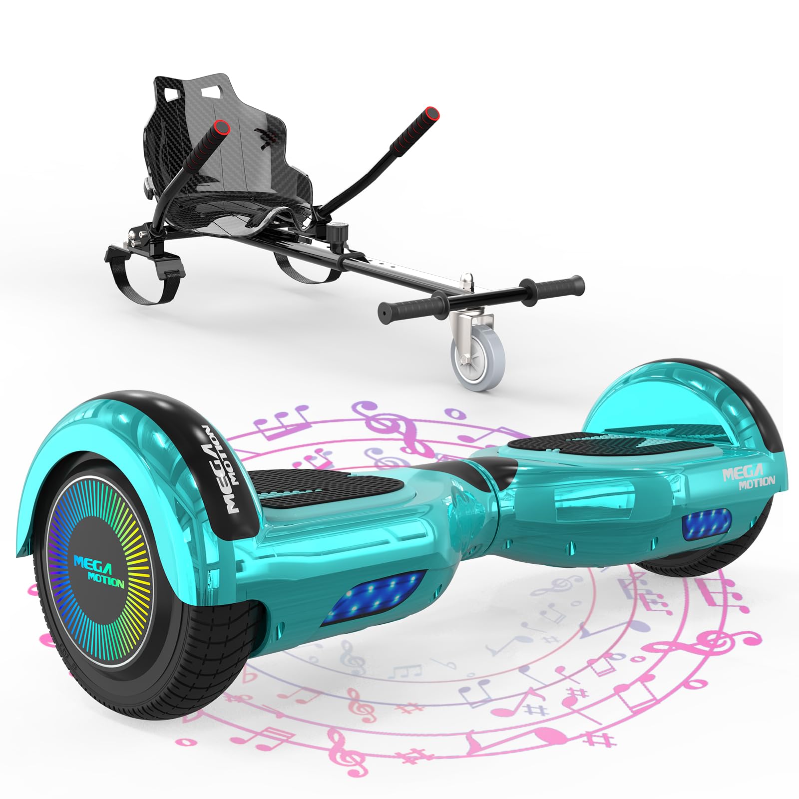 MEGA MOTION Hoverboards with Hoverkart for kids, 6.5 Inch Two-Wheel Self Balancing Electric Scooter with Bluetooth Speaker, with LED Lights, Gift for Children and Teenager