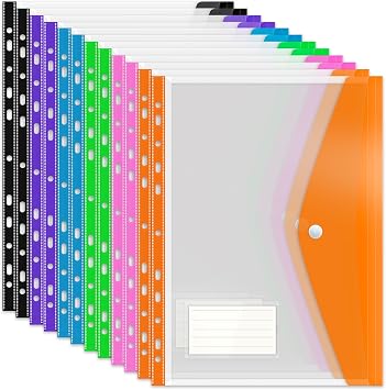 Punched Pockets Plastic Wallets, 12Pcs A4 File Folders for Document Paperwork Clear Assorted Coloured Envelope with Label Pocket Snap Button Ring Binder Home School Office Supplies