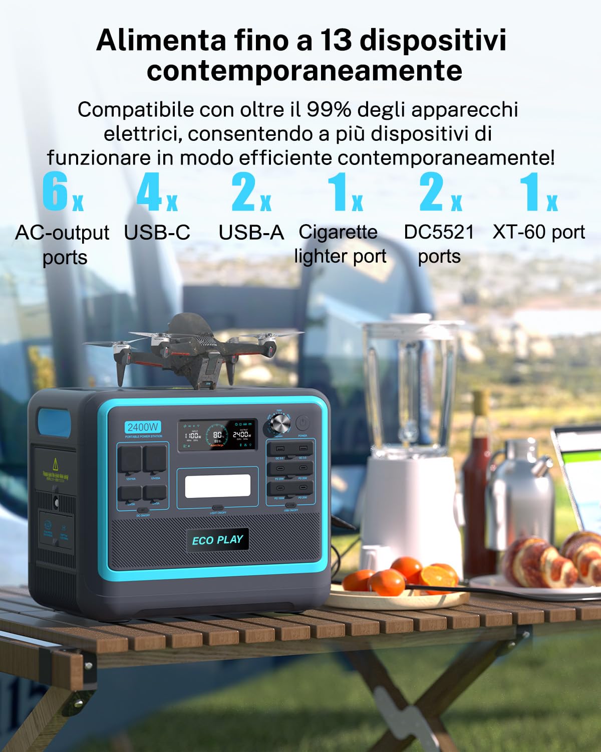 Centrale Elettrica 2400 W con Carrello a Mano, Generatore Eco Play Con Batteria Lifepo4 da 2048 Wh, Ricarica Rapida 1,8 ore, Alimentazione di Emergenza/Campeggio/RV