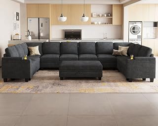 Belffin Oversized U-Shaped Modular Sectional Sofa - 10 Seater Living Room Couch with Storage Ottoman & Cup Holders, Dark Grey
