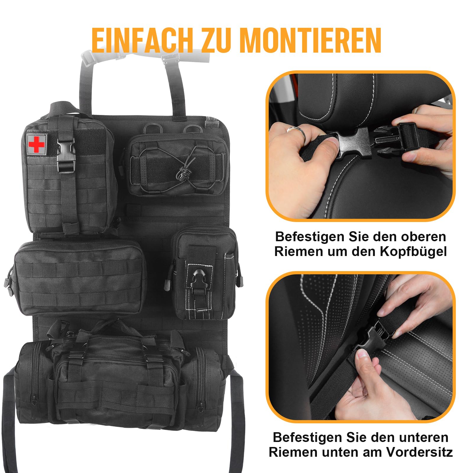 Universeller Molle Nylon Taktischer Autositz Organizer, Vordersitz Rückenlehnen-Aufbewahrungstasche, Rückenlehnenschutz mit 5 Taschen für alle Fahrzeuge