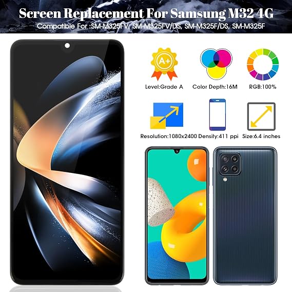 OLED for Samsung Galaxy M32 4G Screen Replacement for Samsung Galaxy M32 4G LCD Display for Galaxy M32 4G Touch Screen SM-M325F Digitizer Assembly Repair Kits (with Frame,Black)