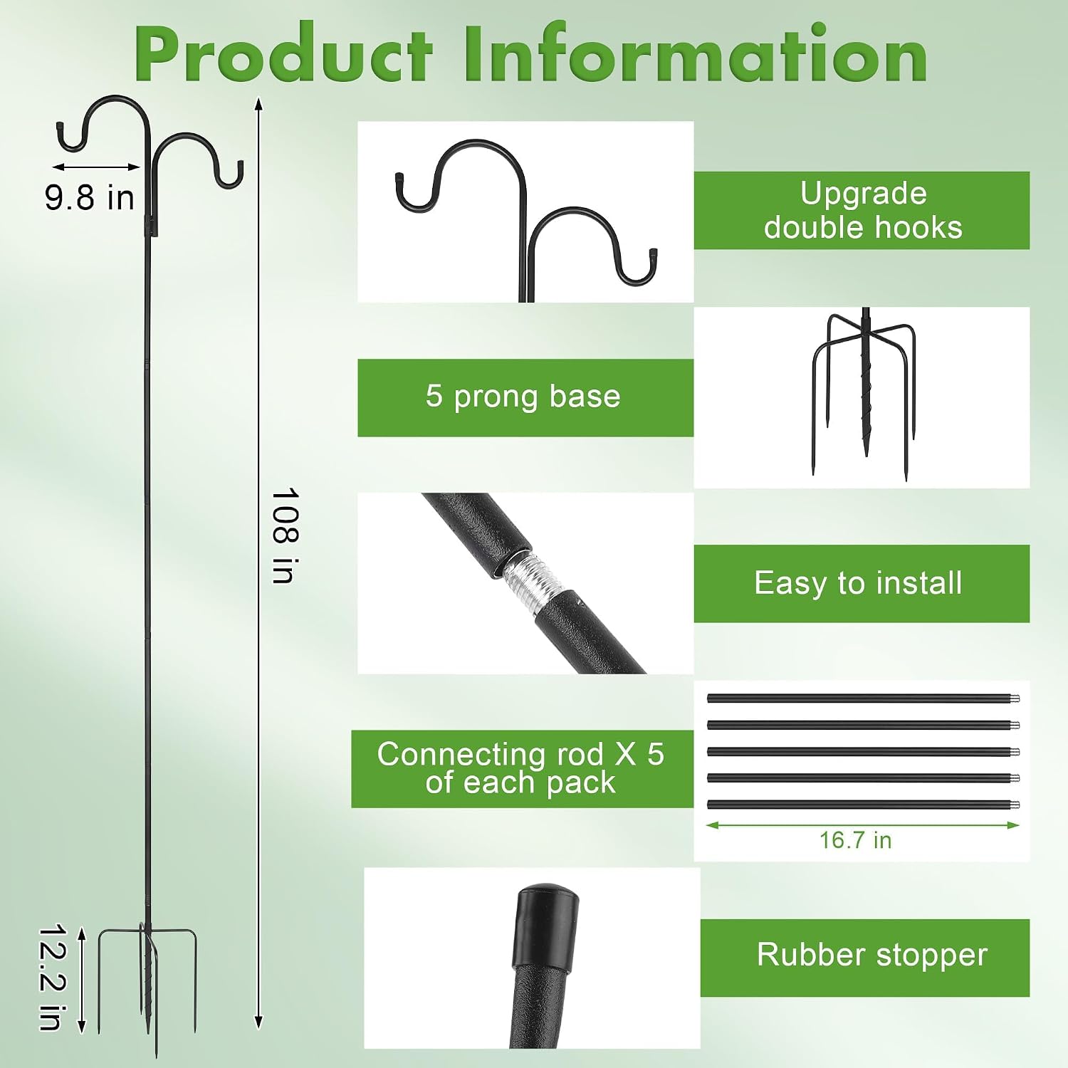 4 Pack 108 Inch Adjustable Double Shepherds Hooks for Outdoor 2 Sided Bird Feeder Poles with 5 Prong Base Heavy Duty Metal Garden Hook for Hanging Flower Basket Lantern Plant Bird Nests Decor