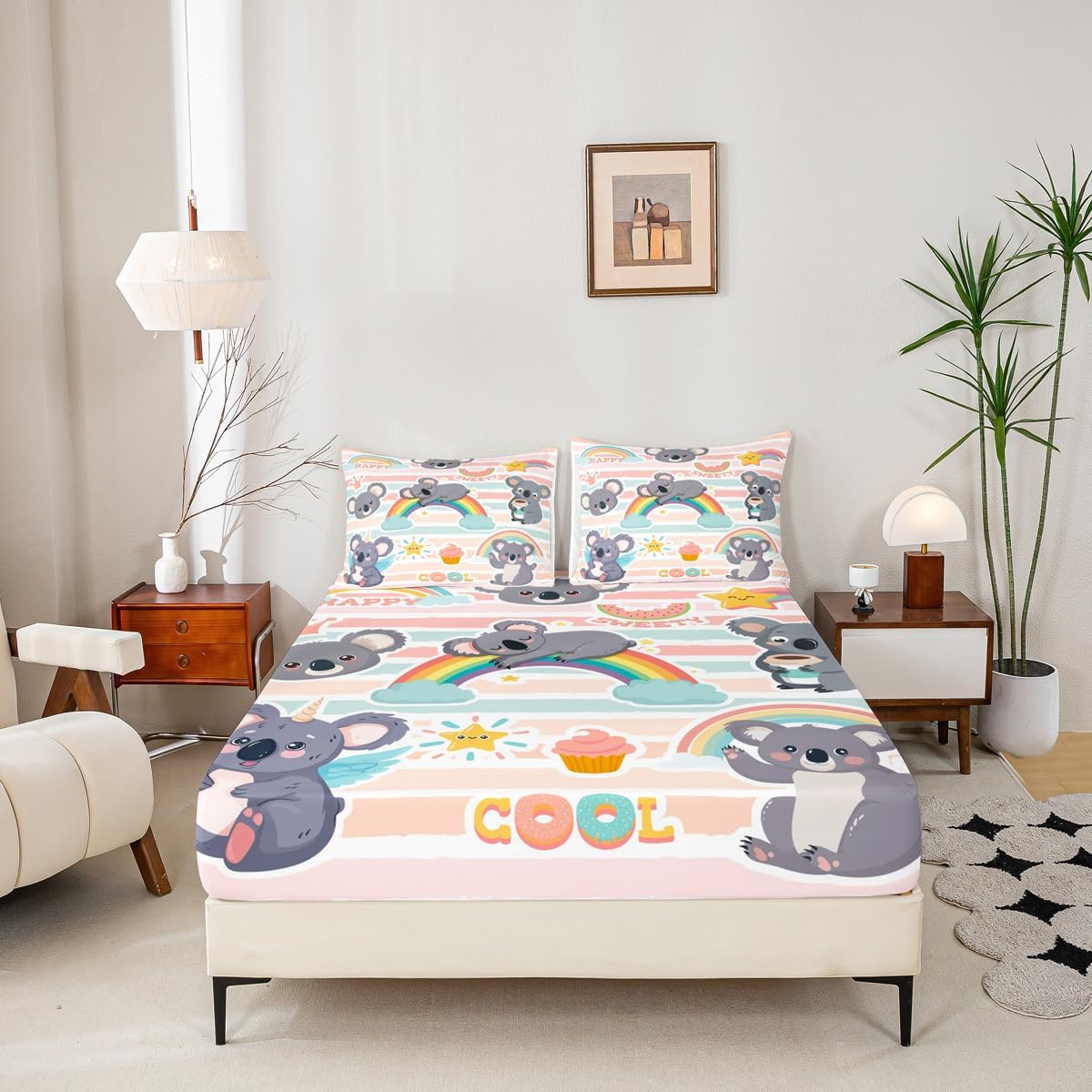 Manfei Koala Fitted Sheet Twin Size Clouds Rainbow Stripes Bed Cover Food Animal Bedding Set 2pcs for Kids Teens Room Decor,Cute Soft Bed Sheets with 1 Pillowcase