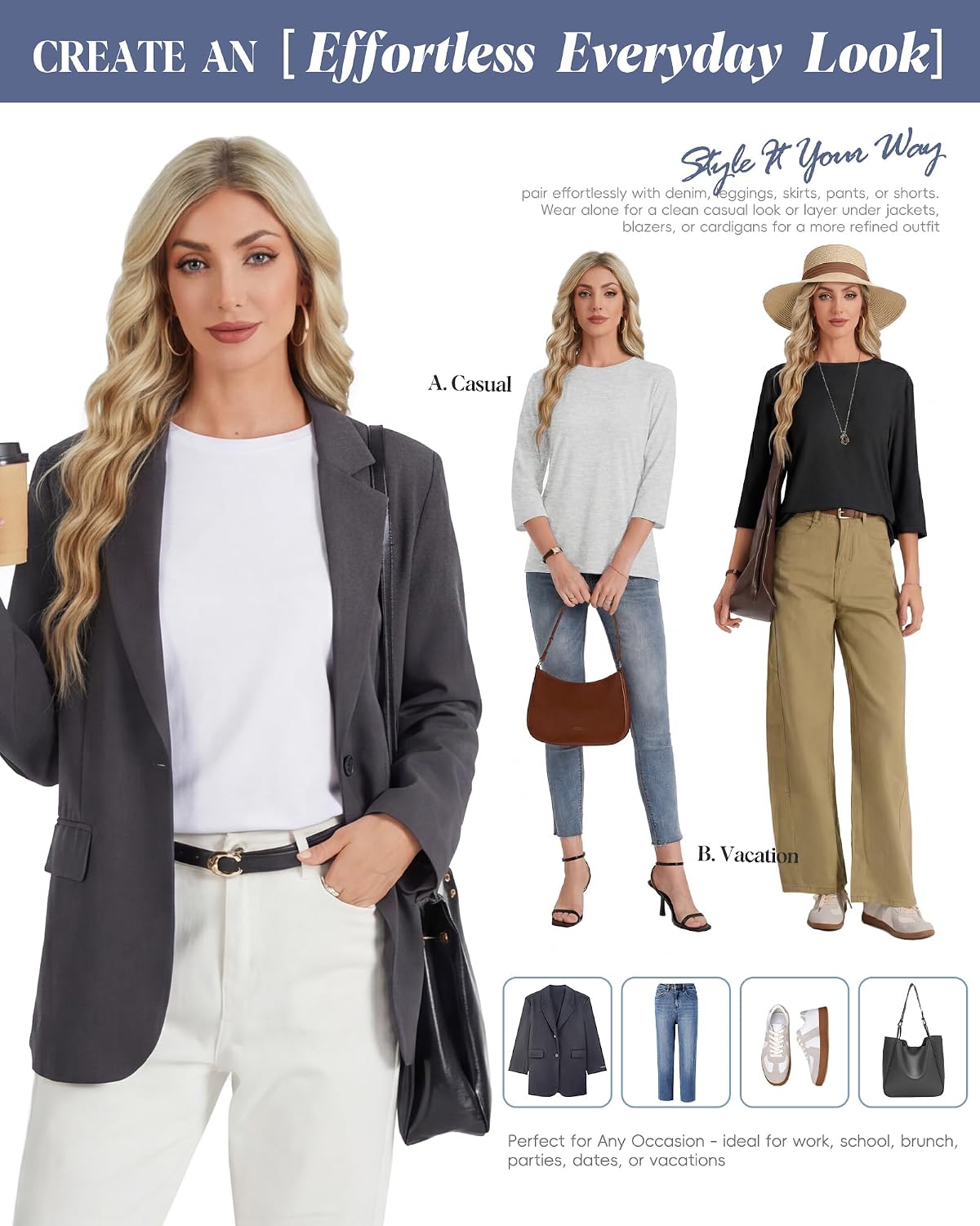 GAYHAY 3/4 Length Sleeve Womens Tops Elbow Summer Shirts Loose Fit Tee 2026 image 5