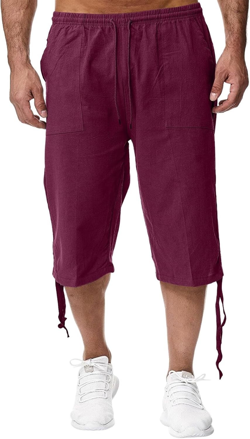 Ymosrh Mens Casual Cotton Linen Shorts Breathable Below Knee Length Summer Beach Vacation Shorts M-3XL