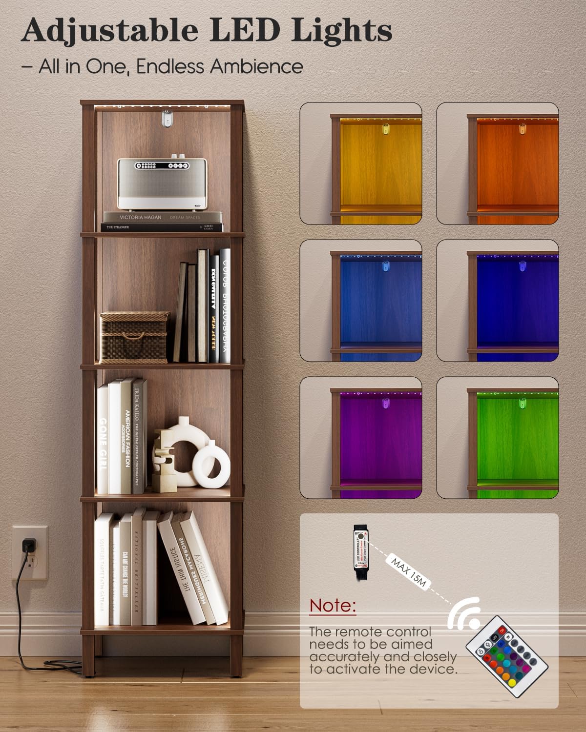 Book Shelf with LED Lights, Modern 4-Tier Bookcase, Open Storage Bookshelf, 11 × 14.2 × 50.4 Inches, Small Narrow Bookshelves for Living Room, Home Office, Bedroom, Walnut