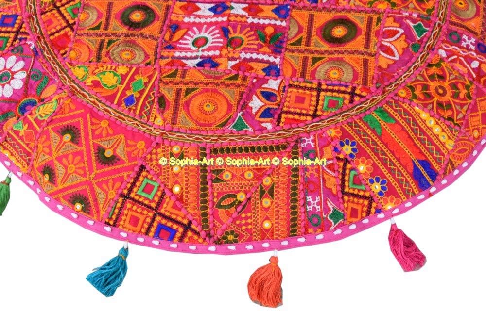 Sophia Art Round Floor Pillow Cushion Patchwork Pouf Ottoman Vintage Indian Foot Stool Bean Bag Floor Pillow Cover Home Decor Living Room Ottoman Bohemain Pillows (Pink Rajkoti, 32 Inch)