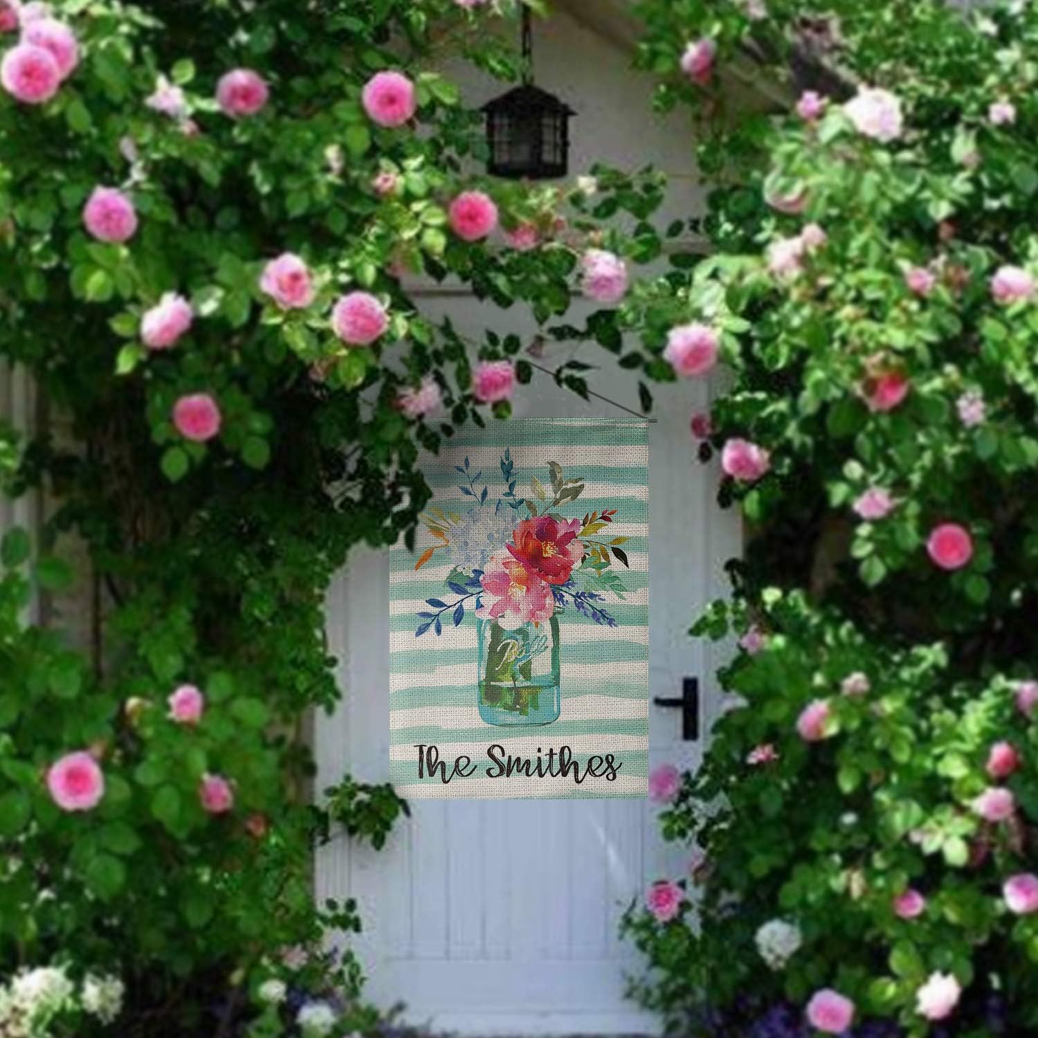 SMILE Personalized Spring Summer House Flag, Customized Family Last Name Flower Mason Jar, Double Sided 12.5 x 18 Inch Rustic Farmhouse Burlap Yard Outdoor Decoration