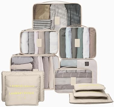 12-Piece Packing Cubes Suitcase Organiser Travel Accessories Suitcase Organiser Set Clothes Bags Packing Cubes Cosmetics Travel Organiser Packing Bags for Suitcase Beige