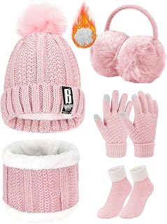 Voqeen Winter Beanie Hat Scarf Gloves Set Ladies Fleece Lining Knitted Hat with Pompon Touch Screen Gloves Soft Warmer Winter Ear Protection Socks Gifts 5 Sets for Women