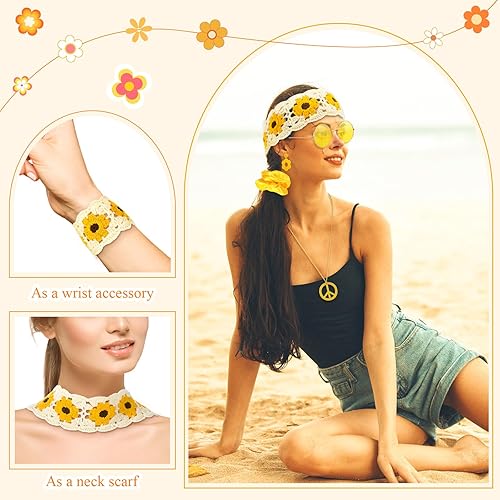Miniatura 6 de Remuuly 5 piezas de accesorios hippie de los años 60 y 70 para mujer, diadema de punto de flores, trajes retro de los años 70, disfraz hippie