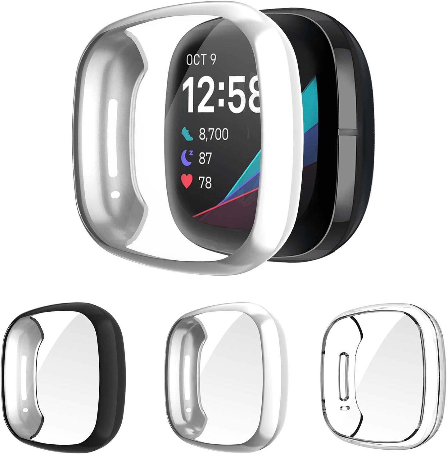 Suoman 3-Pack for Fitbit Sense and Versa 3 Case, All-Around Protective Plated TPU Bumper Cover Screen Portector Case for Fitbit Versa 3 / Sense Smartwatch, Black+Silver+Clear