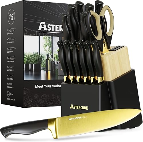 Astercook Juego de cuchillos de cocina de 15 piezas, con revestimiento de titanio dorado saludable, juego de cuchillos de espiga completa con bloque