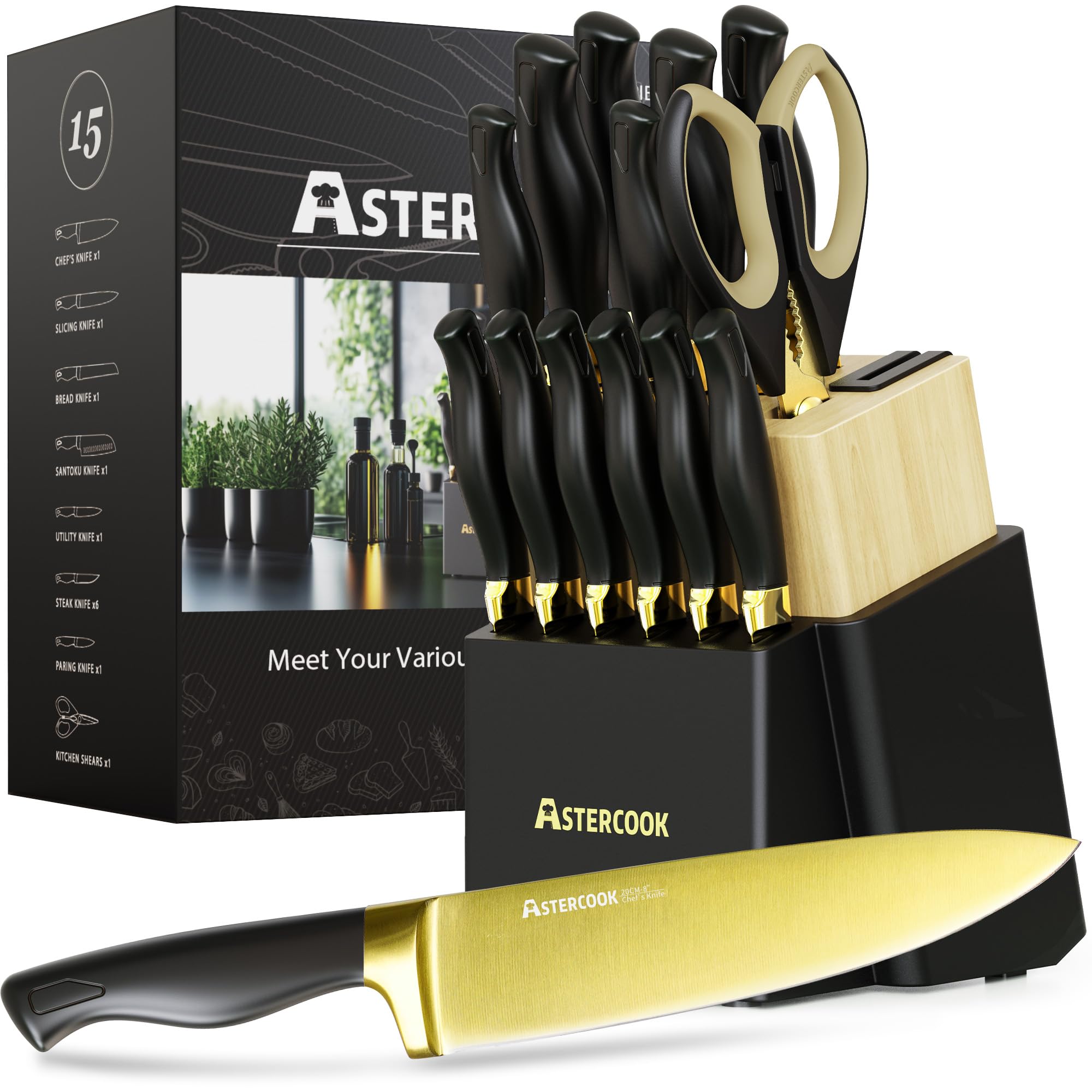Astercook 15 Pieces Knife Set, Healthy Gold Titanium Coating Kitchen Knife Sets, Full Tang Knives Set with Block and Built-in Sharpener, German Stainless Steel Knife Block Set Dishwasher Safe Black