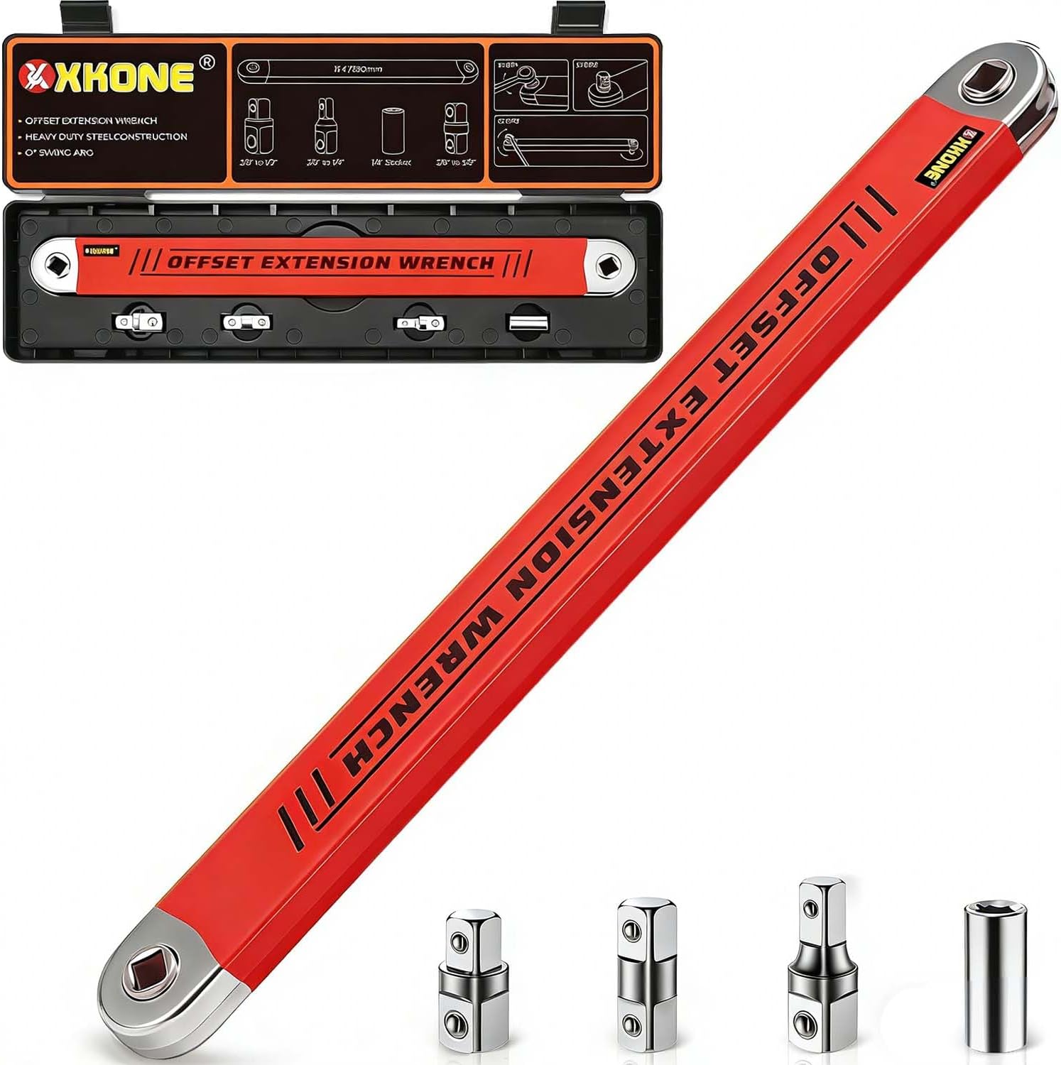 Offset Extension Wrench – Zero-degree Swing for Tight Spaces,3/8" Drive Socket Extender Tool with 1/4",3/8",1/2" Square Adapters and 1/4" Socket.