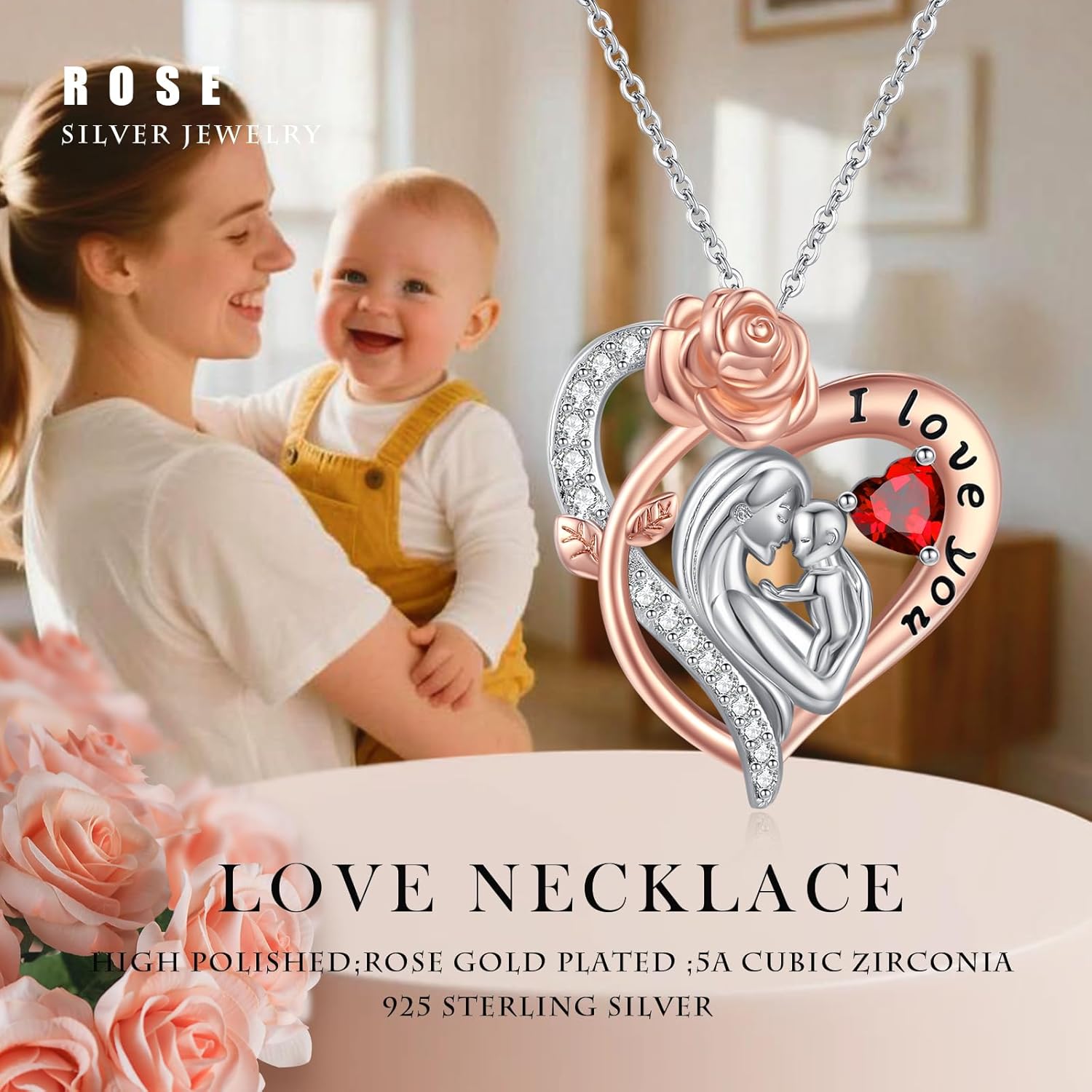 Mom Birthstone Necklace 14K Rose Gold/925 Silver Filled Rose Heart Pendant I Love You Jewelry Mothers Day Gifts for New Mom Grandmother Women Wife Her - Image 7