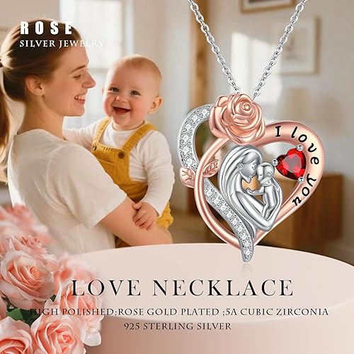 Miniatura 7 de Collar de piedra natal para mamá, oro rosa de 14 quilates, relleno de oro blanco, colgante de corazón para madre e hijo, joyería para el día de la