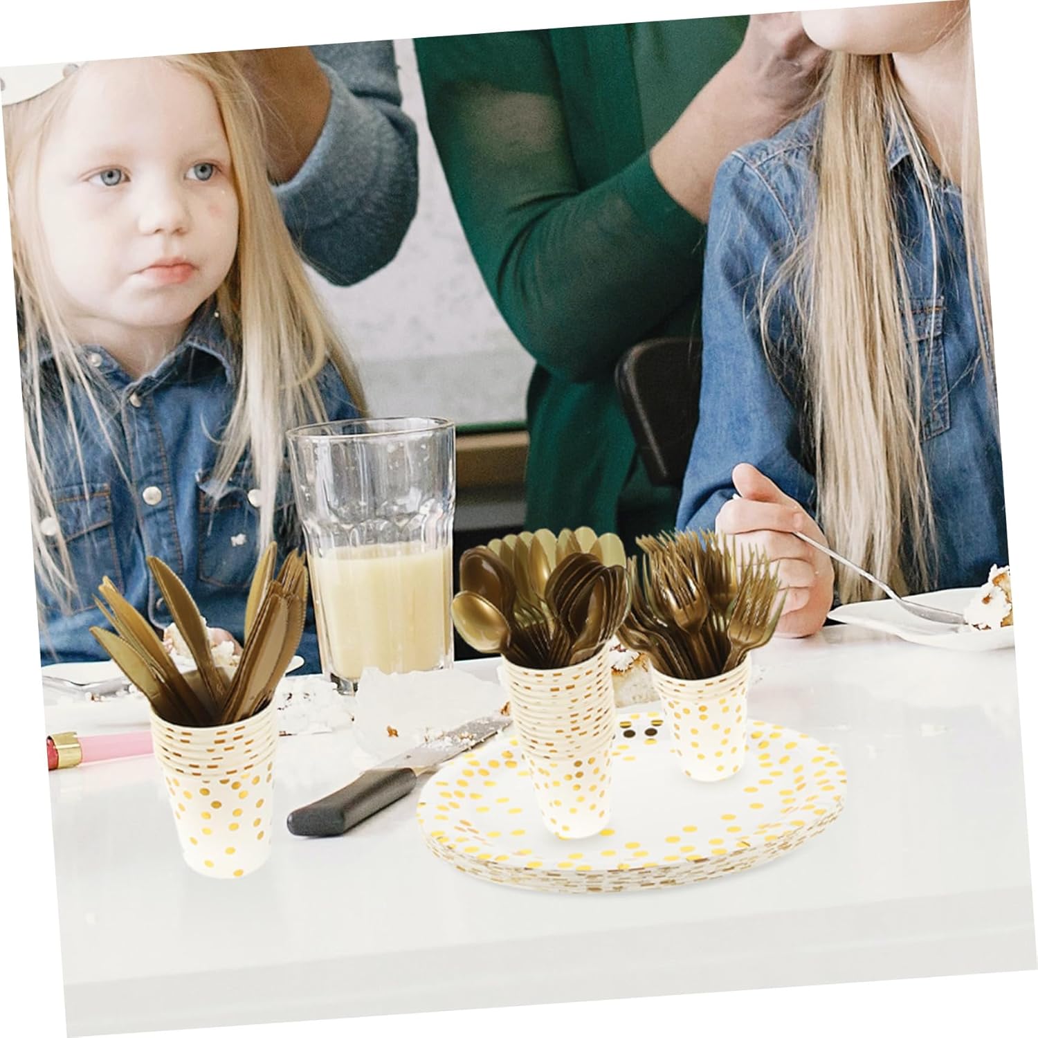 1Set Practical Paper Tableware Set Party Essentials with Dotted Design Includes Plates Cups Napkins Forks Knives Spoons for Weddings Birthdays and Festivals