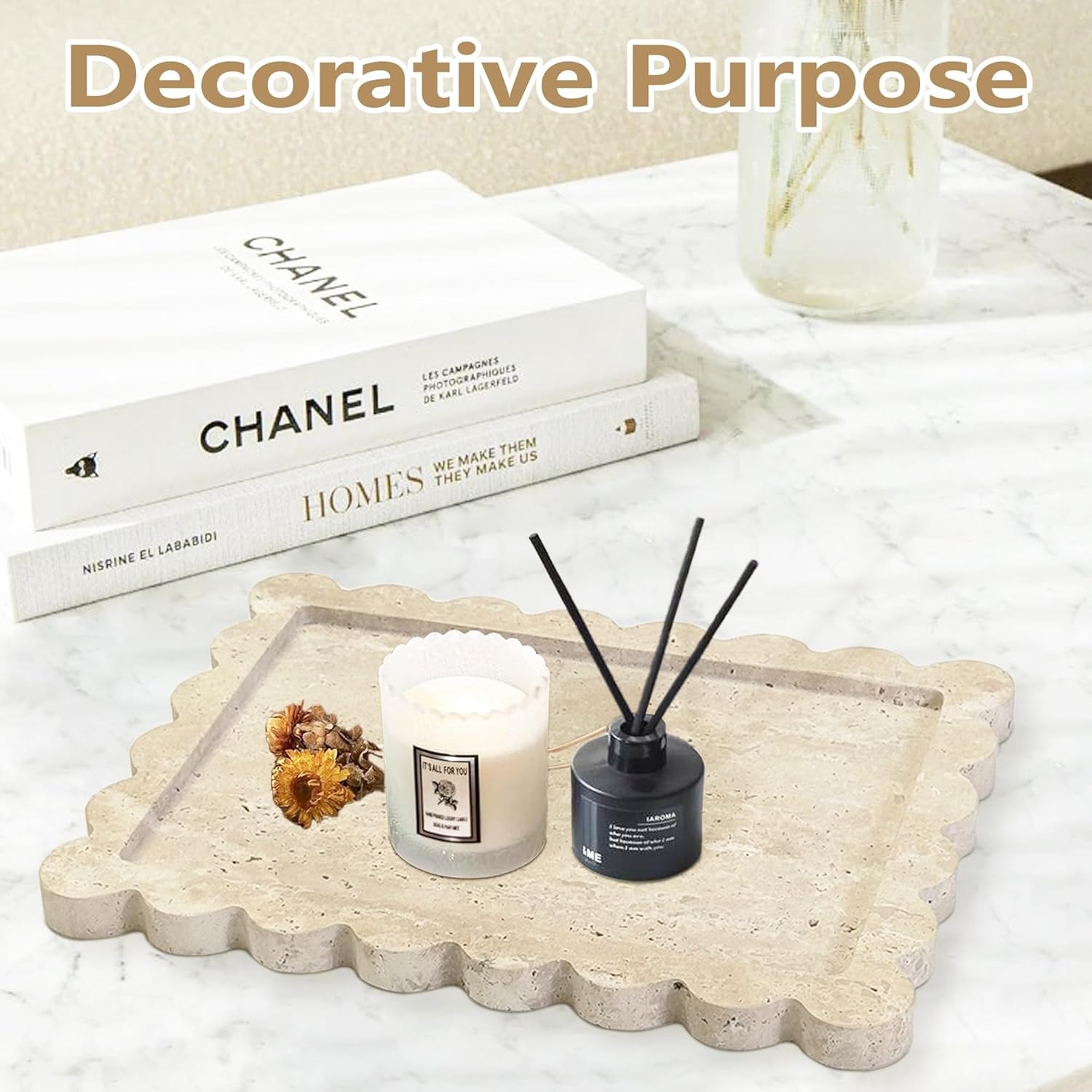 Prolee Scalloped Marble Tray,Marble Vanity Trays for Bathroom 12" x 9", Scalloped Tray,Wave Appearance Jewelry Home Decor Stone Trays for Kitchen Counter, Bathroom, Beige Travertine