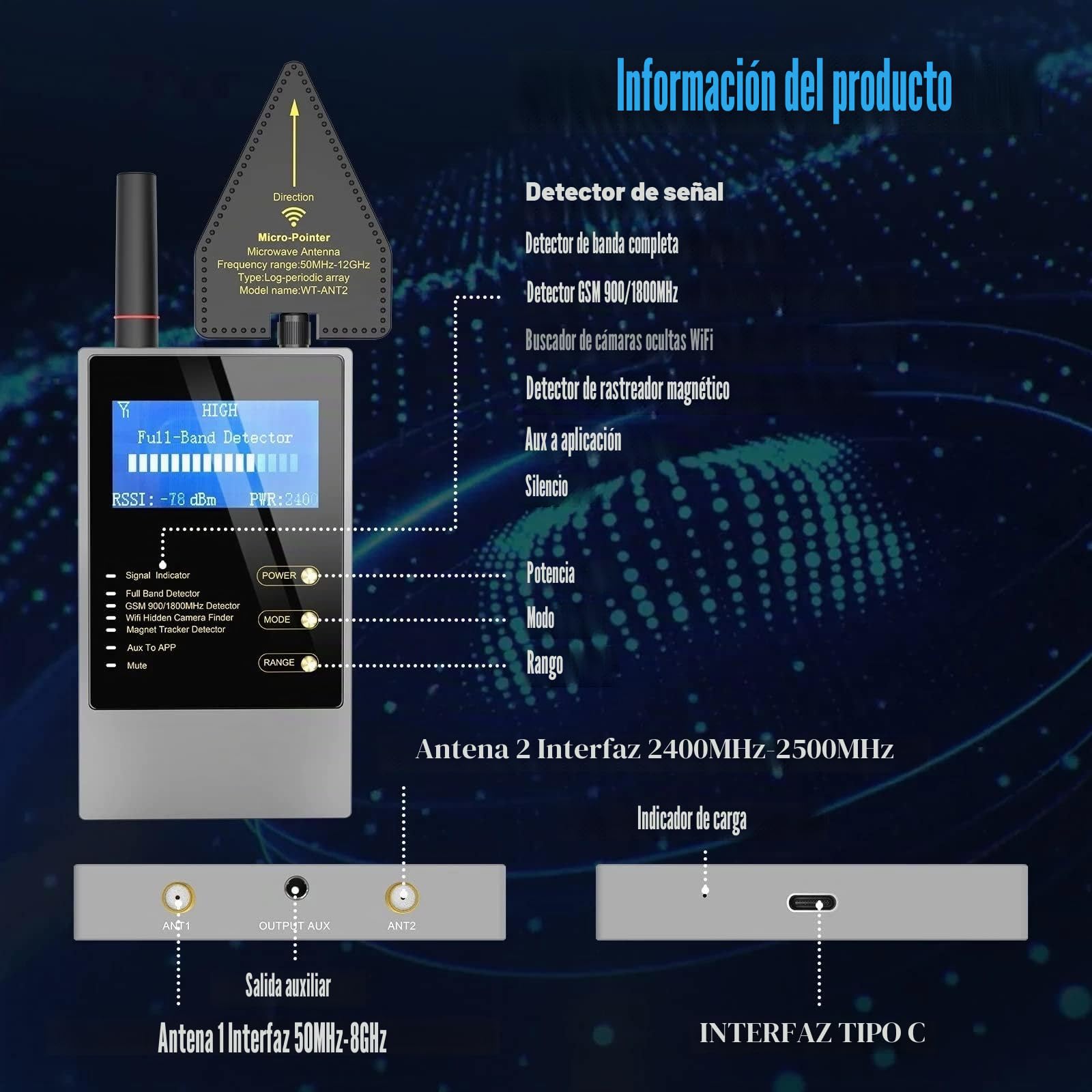 Billg Detector de bichos RF inalámbrico, Detector de bichos GPS Spy Finder Cámara Oculta láser para gsm Tracker Wiretap Radio Cámaras Bug Finder, Pantalla LED, Ultrafino, Fácil de Llevar