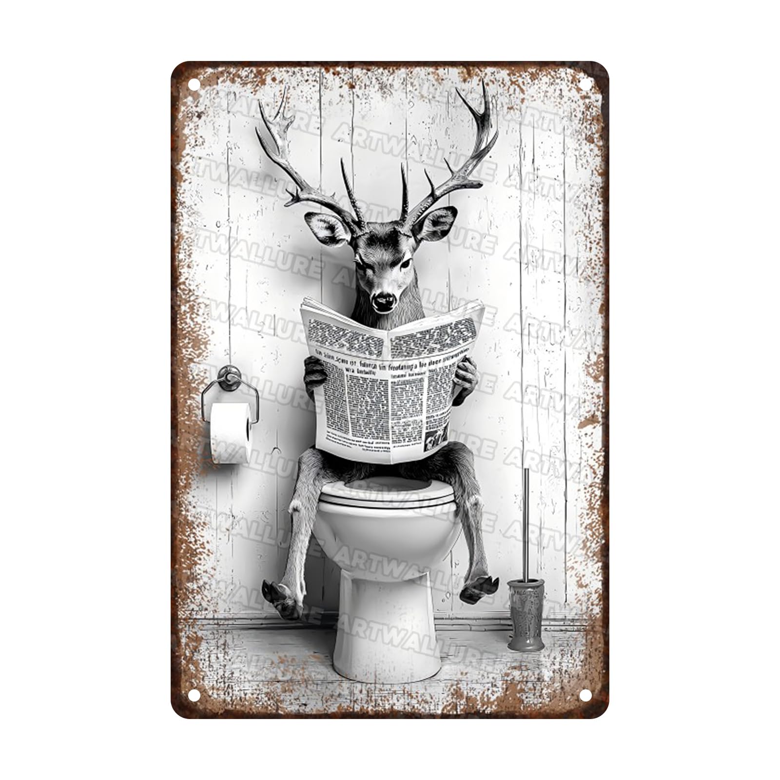 ARTWALLURE Funny Metal Bathroom Signs Deer Vintage Tin Sign for Bathroom & Restroom Black and White Decor 8x12 Inch