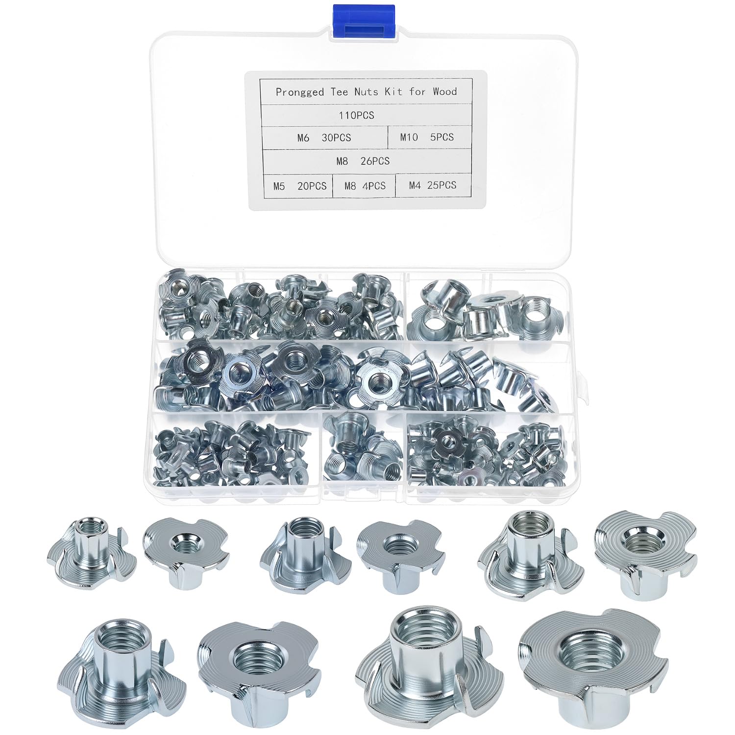 QWORK® 110 Pcs Four Pronged T Nuts Assortment Kit -M4/M5/M6/M8/M10, 4 Pronged Threaded Insert T Nuts for Wood Furniture and Cabinets