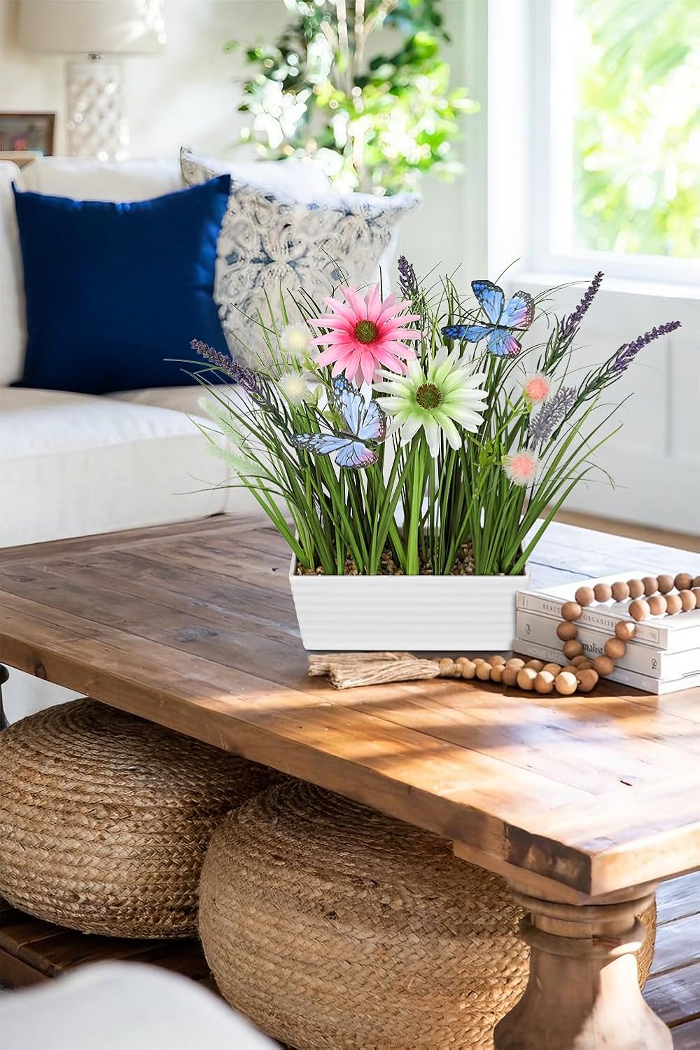 Oairse Artificial Plants Indoor with Pot, 14.1" Fake Potted Plants Artificial Onion Grass Plant with Daisies Flowers and Butterflies Small Faux Plant Indoor for Home Living Room Table Shelf Decor