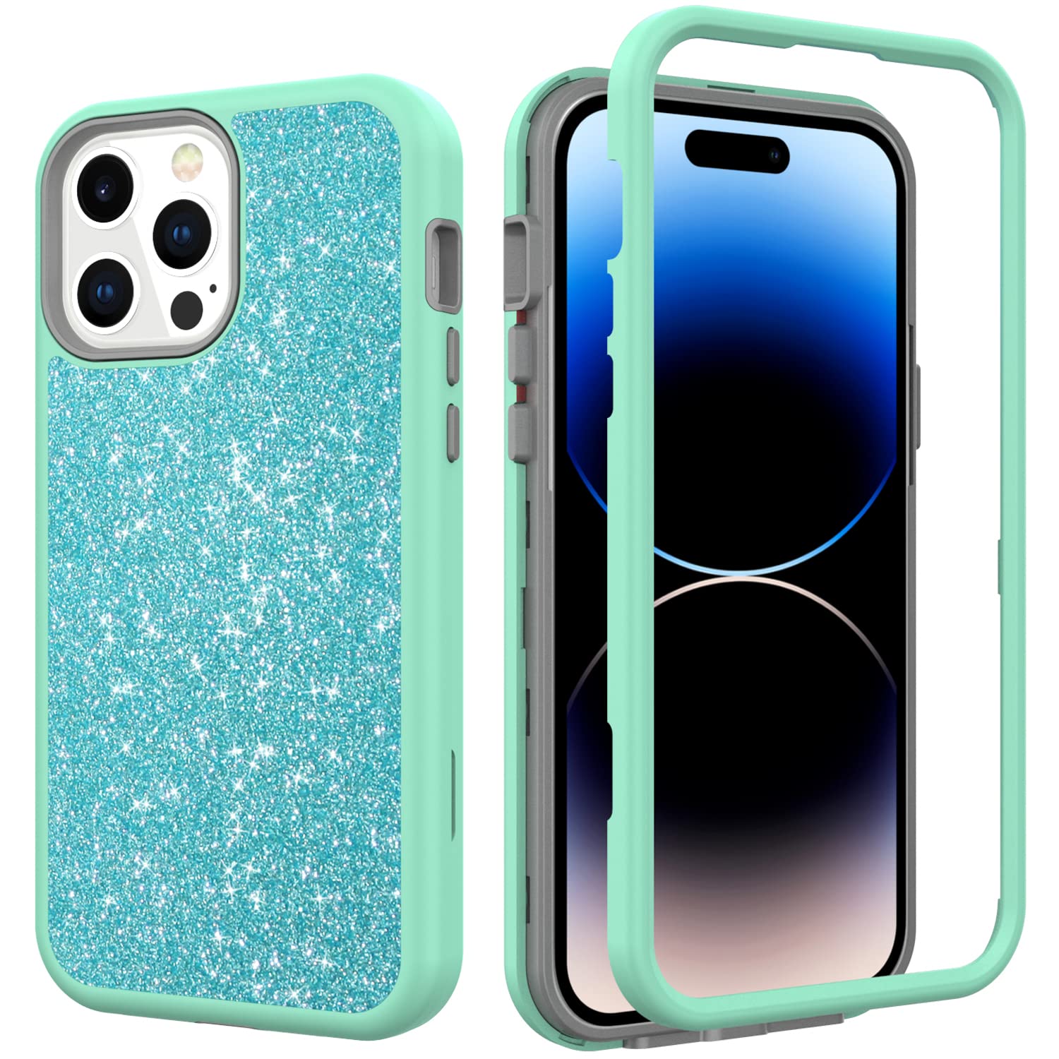 Coque iPhone 14 Pro Max paillettes Solomo bleu sarcelle antichoc - 8