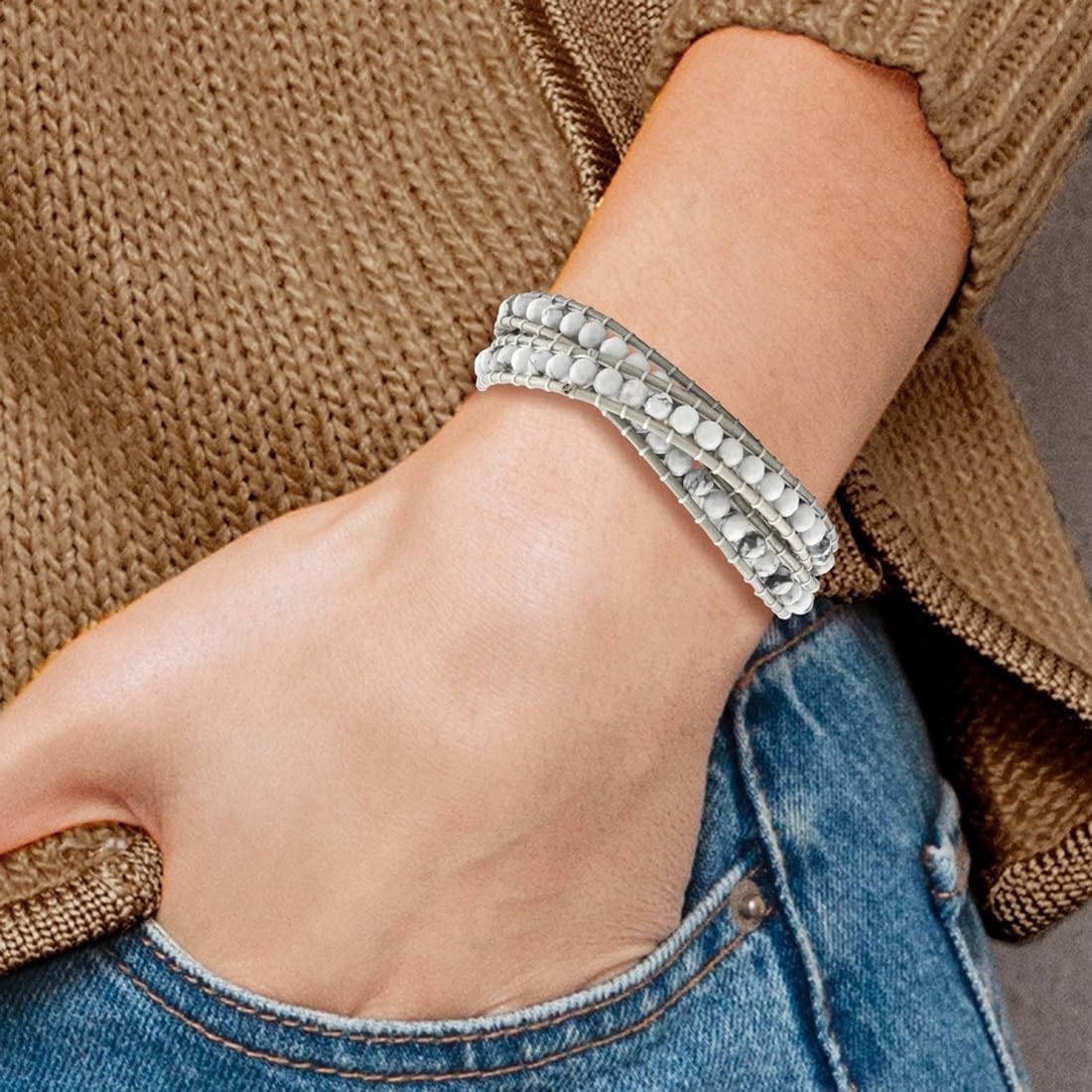 JewelryWeb White Howlite Beaded and Leather Multi-wrap Bracelet 7mm Wide Wrap Bracelet for Women
