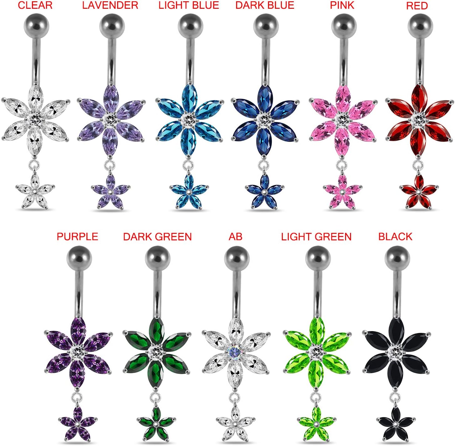 Stylish Two Marquis Flower Dangling Design 925 Sterling Silver with Stainless Steel Belly Ring - Belly Button jewelry - Navel jewelry