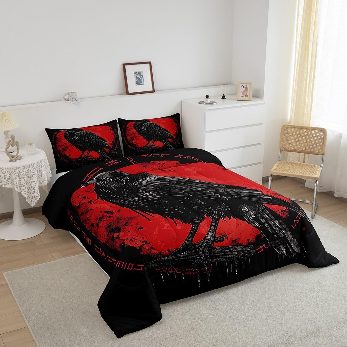 Erosebridal Viking Queen Size Bedding Set for Kids Boys Teen,Black Raven Bedding Comforter Sets Bird Animal Comforter Set Norse Mythology Viking Duvet Insert 2 Pillow Cases
