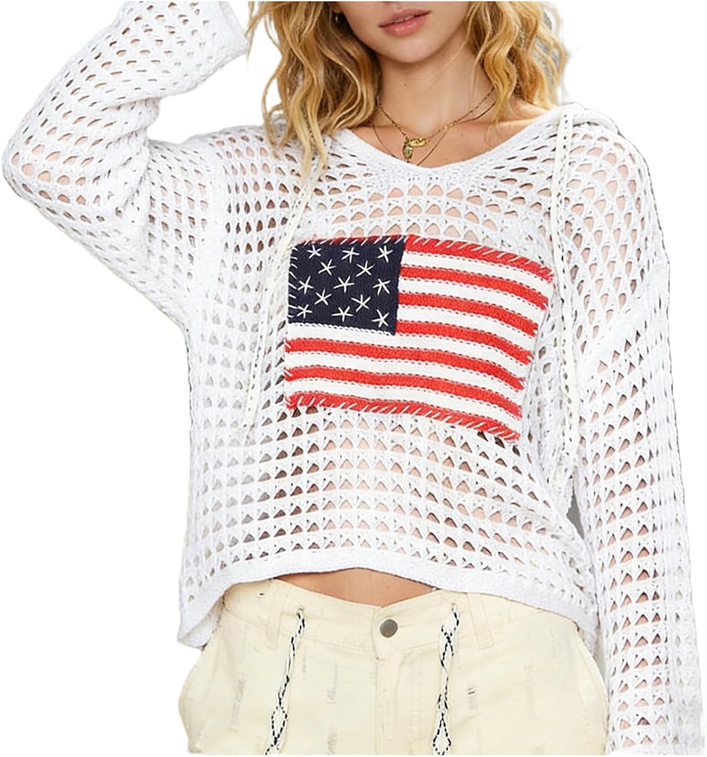 Womens American Flag Open Knit Crochet Sweater Tops Long Sleeve V-Neck Hollow Out Hoodies Summer Beach Cover Ups