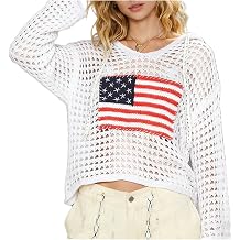 Womens American Flag Open Knit Crochet Sweater Tops Long Sleeve V-Neck Hollow Out Hoodies Summer Beach Cover Ups