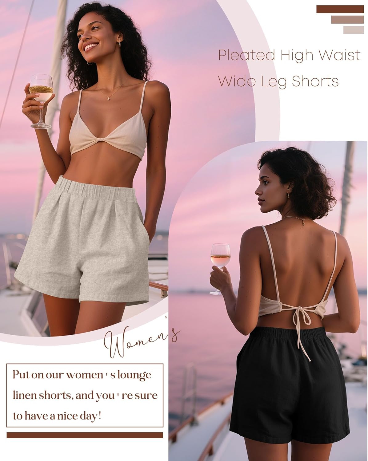 Ficerd 3 Pack Women's Casual Linen Shorts,Pleated High Waist Wide Leg Summer Elastic Comfy Trendy Shorts with Pockets