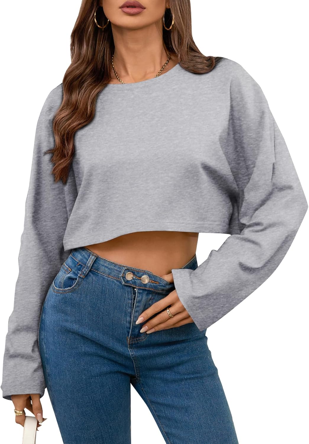 LovelyWholesale Women Long Sleeve Cropped Sweatshirt Oversized Crew Neck Workout Tops Grey N Large - Image 3