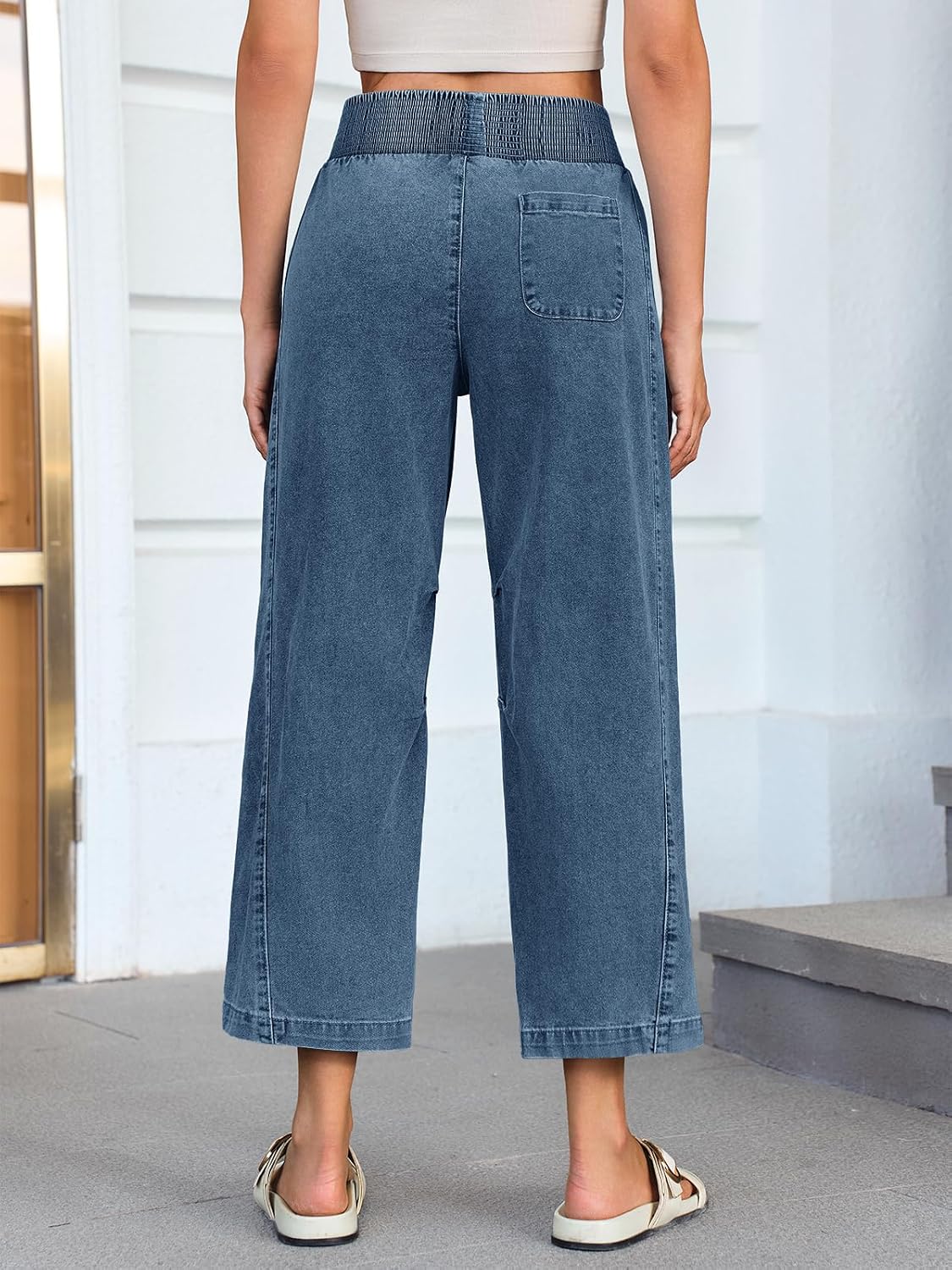 Cicy Bell Womens Smocked Barrel Jeans Casual Trendy High Waisted Baggy Pull On Denim Pants